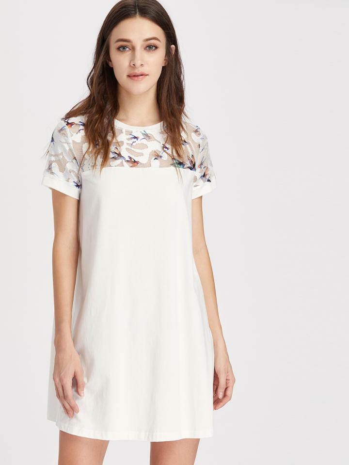 Shein Bird Print Mesh Yoke Dress