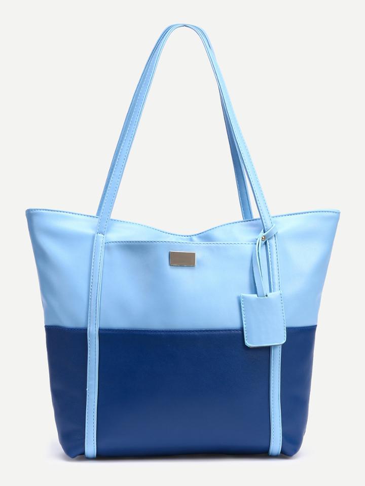 Shein Blue Color Block Faux Leather Tote Bag
