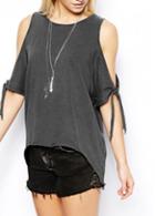 Rosewe Trendy Cutout Shoulder Round Neck Black T Shirt