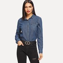Shein Pocket Front Plain Denim Blouse