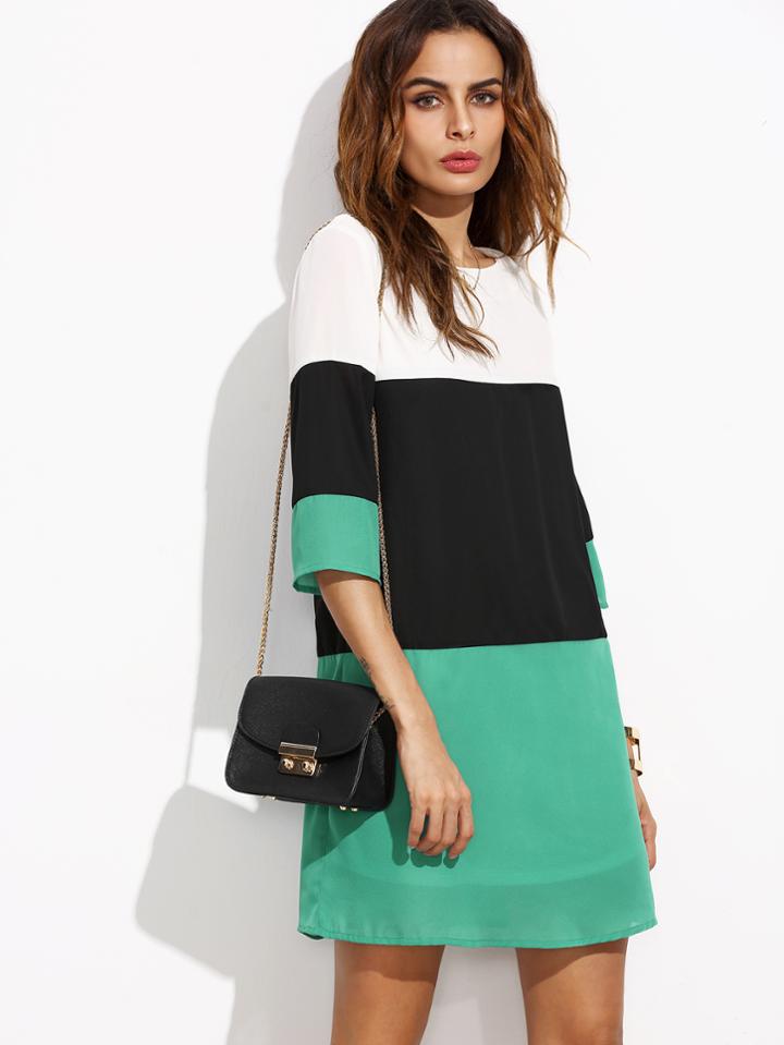 Shein Color Block Keyhole Back 3/4 Sleeve Tunic Dress