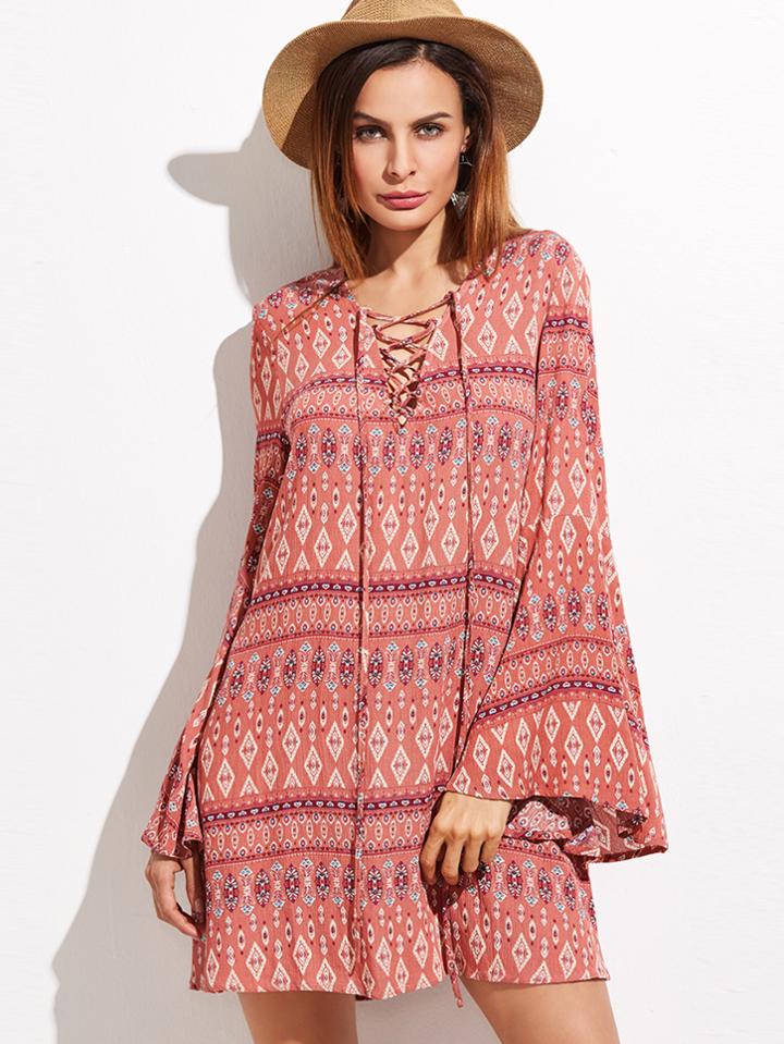 Shein Red Tribal Print Criss Cross Front Bell Sleeve Dress
