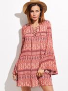 Shein Red Tribal Print Criss Cross Front Bell Sleeve Dress
