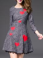 Shein Black Round Neck Length Sleeve Heart Print Dress