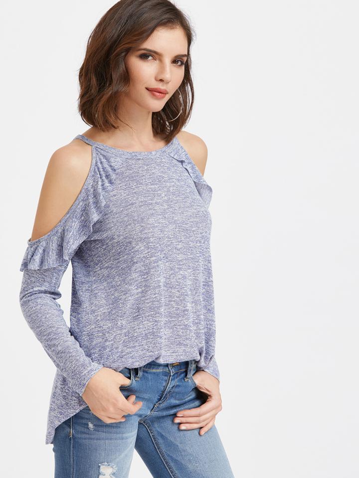 Shein Marled Ruffle Cold Shoulder Tee