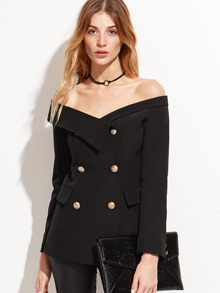 Shein Black Off The Shoulder Fold Over Double Buttons Blazer