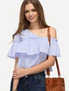 Shein Blue Striped One Shoulder Ruffle Blouse