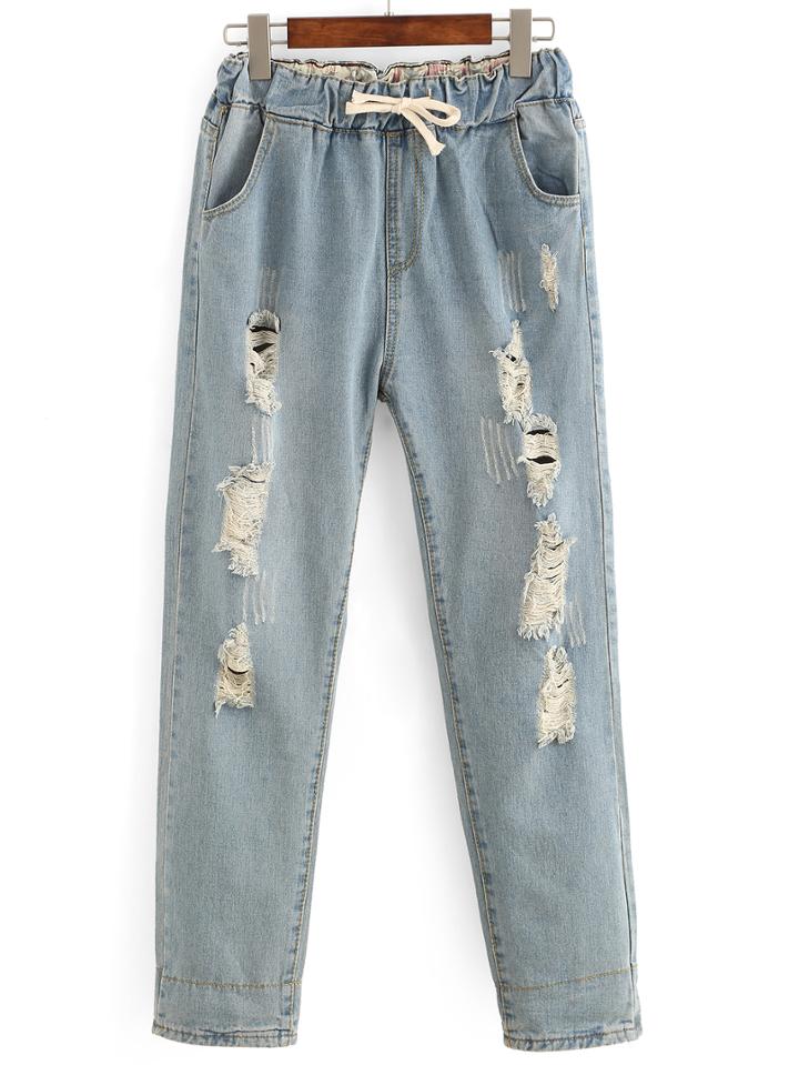 Shein Distressed Drawstring Waist Boyfriend Jeans