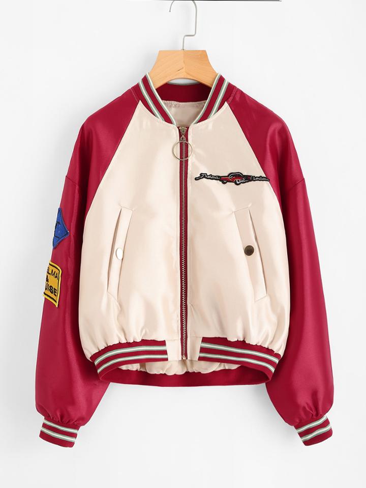Shein Contrast Raglan Sleeve Striped Trim Jacket With Badges