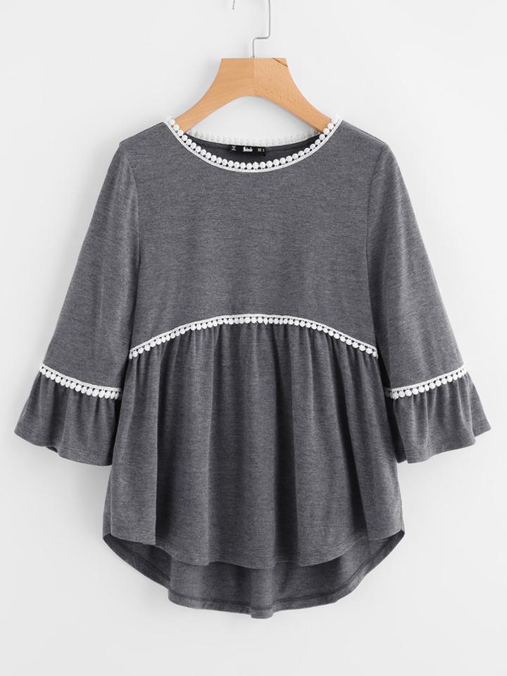 Shein Dot Crochet Trim Curved Dip Hem Top