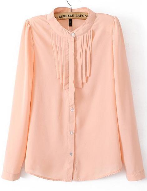 Shein Pink Long Sleeve Pleated Chiffon Blouse