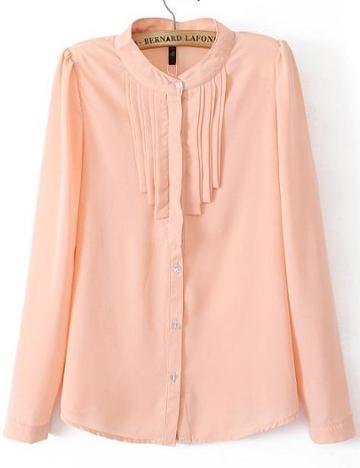 Shein Pink Long Sleeve Pleated Chiffon Blouse