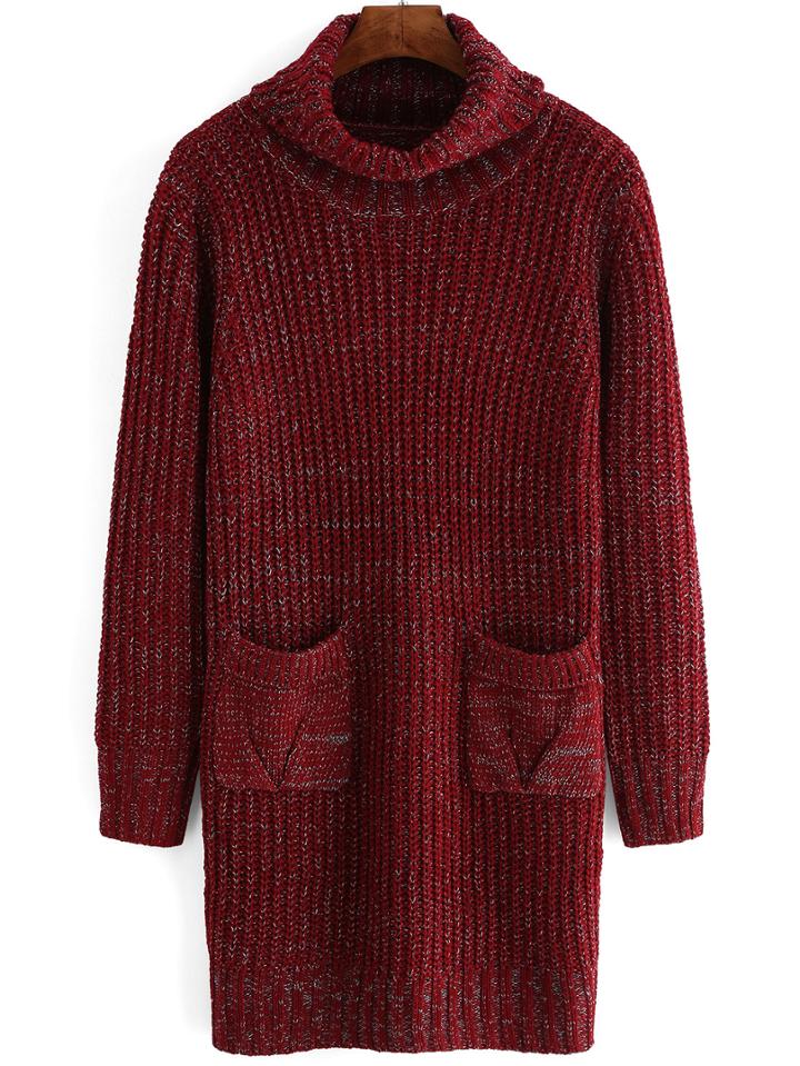 Shein Burgundy Turtle Neck Pockets Sweater Dress