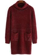 Shein Burgundy Turtle Neck Pockets Sweater Dress