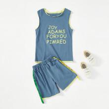 Shein Boys Letter Print Vest With Tape Detail Shorts