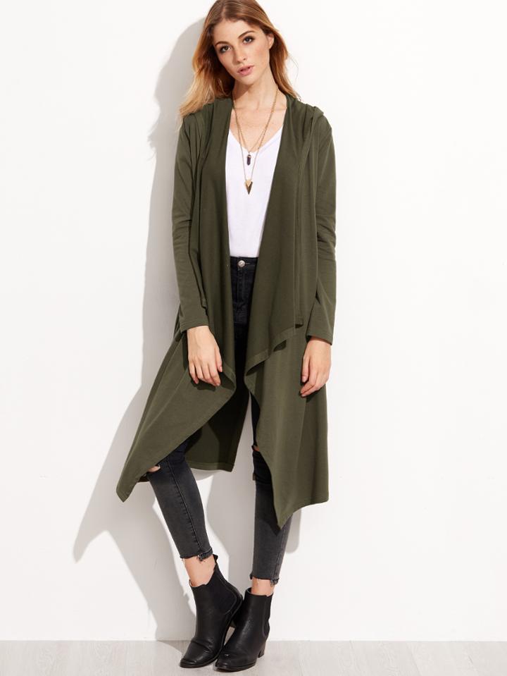 Shein Olive Green Waterfall Hooded Coat