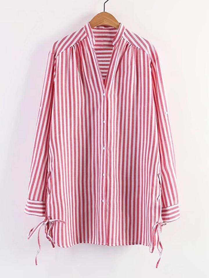 Shein Vertical Striped Lace Up Side Shirt Dress