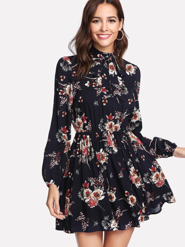Shein Tie Neck Flower Print Dress