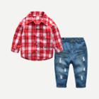 Shein Boys Letter Embroidered Tartan Shirt With Jeans