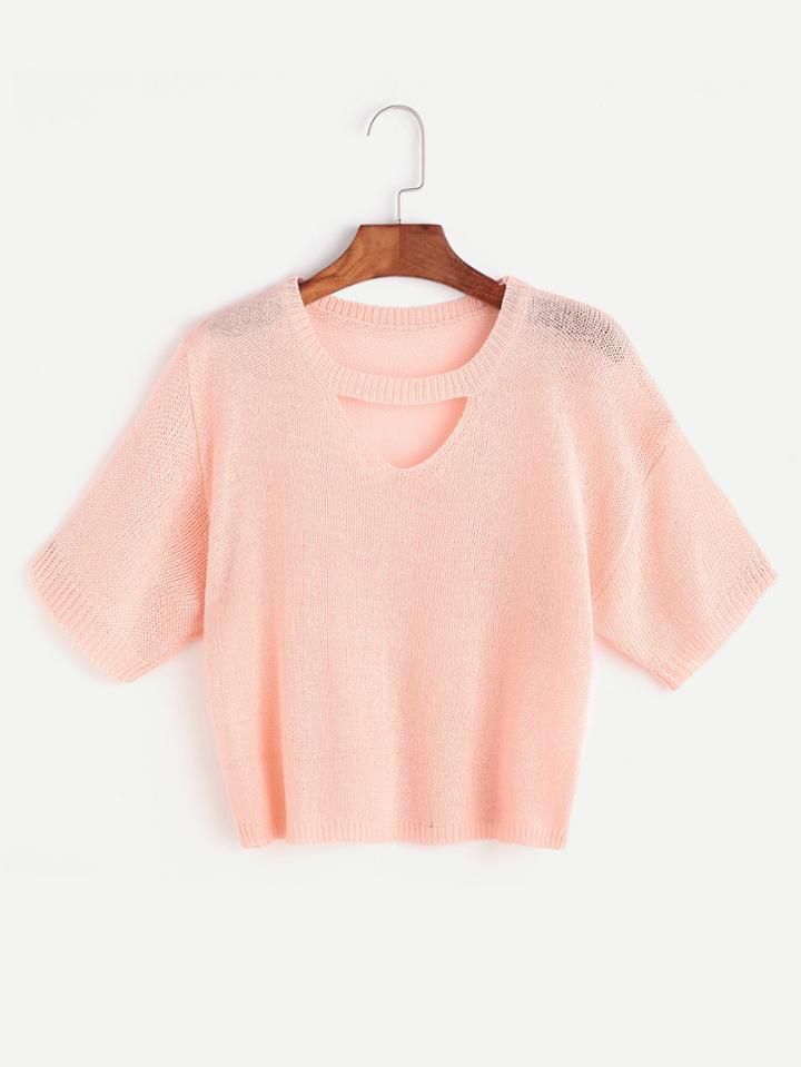 Shein Pink Knit Cut Out Neck Crop T-shirt
