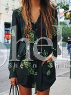 Shein Dark Green Challis Long Sleeve Designers Floral Pockets Dress