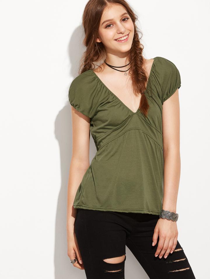 Shein Army Green Deep V Neck T-shirt