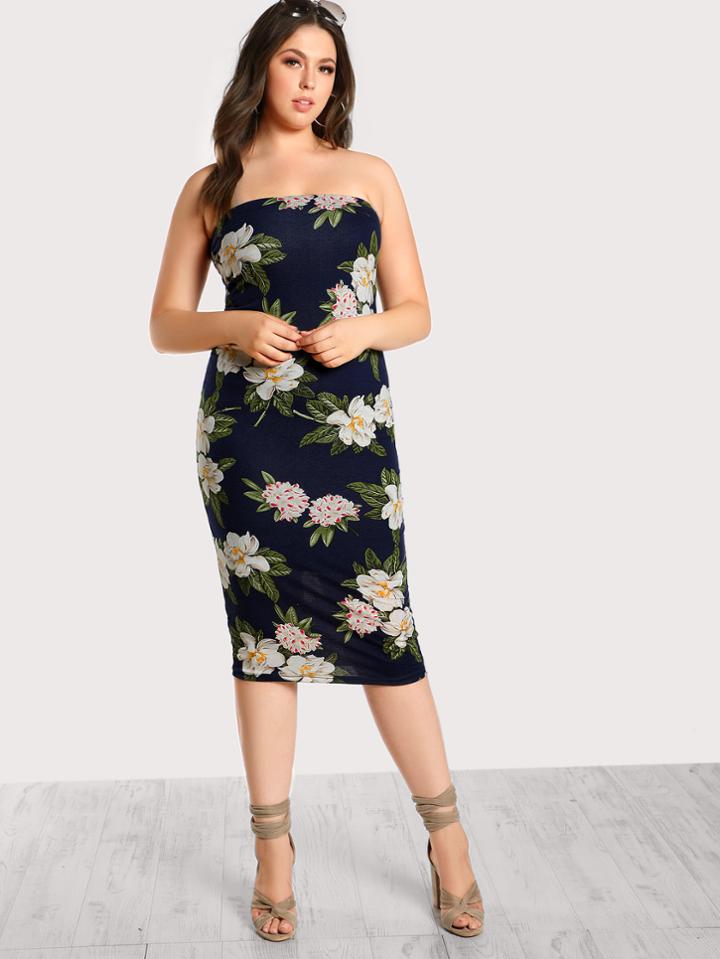 Shein Flower Print Strapless Pencil Dress