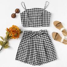 Shein Zip Up Back Plaid Cami With Shorts