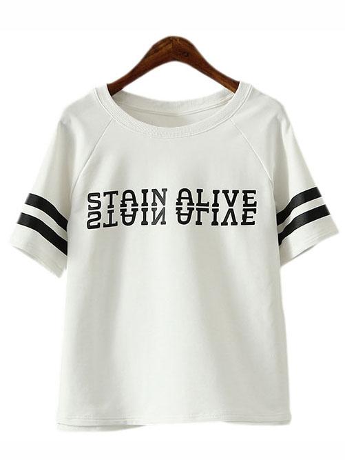 Shein White Short Sleeve Stripe Letter Print T-shirt