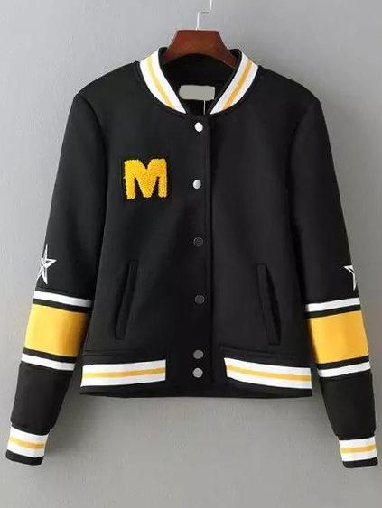 Shein Black Yellow Stand Collar M Pattern Jacket