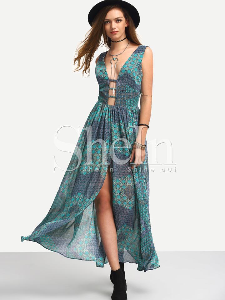 Shein Green Sleeveless Hollow Split Maxi Dress