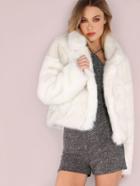 Shein White Stand Collar Open Front Faux Fur Coat