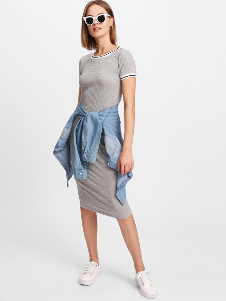 Shein Striped Trim Ribbed Knit Dress