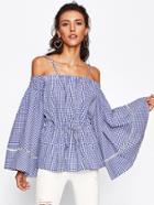 Shein Exaggerated Flute Sleeve Lace Panel Drawstring Gingham Top