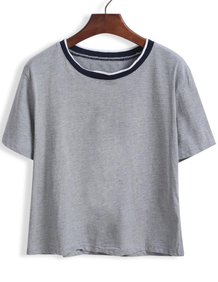 Shein Grey Short Sleeve Contrast Collar Crop T-shirt