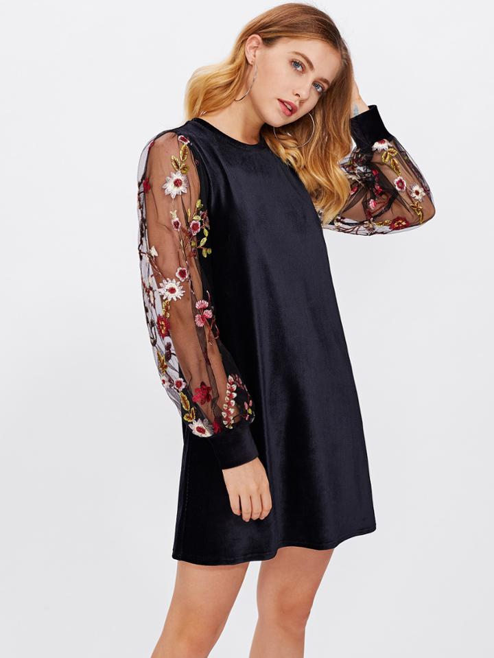Shein Tunic Dress With Embroidered Mesh Bishop Sleeve