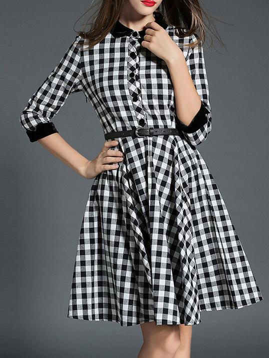 Shein Black Lapel Check Print Belted A-line Dress