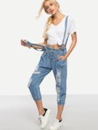 Shein Buttoned Fly Shirred Waist Ripped Blue Denim Overalls