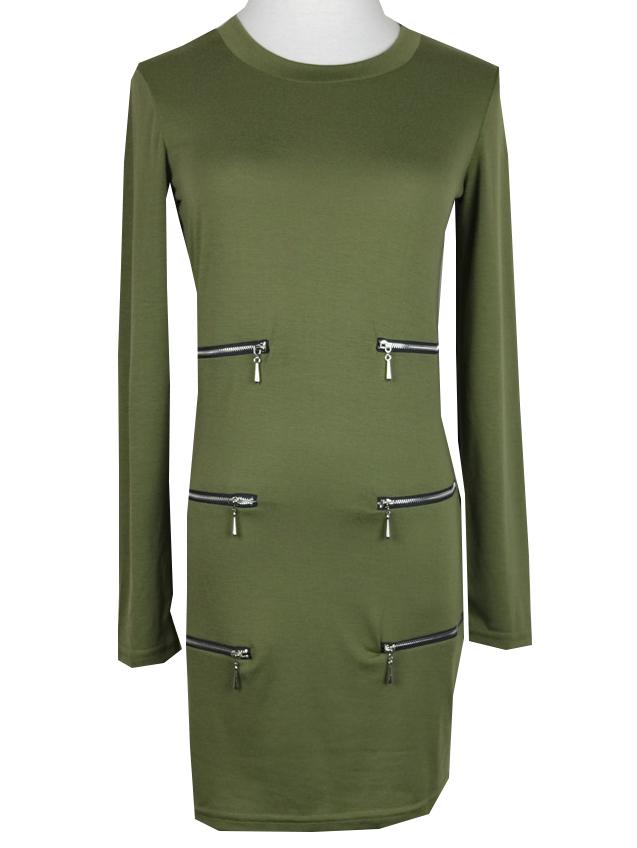Shein Green Round Neck Zipper Embellished Bodycon Dress