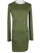 Shein Green Round Neck Zipper Embellished Bodycon Dress