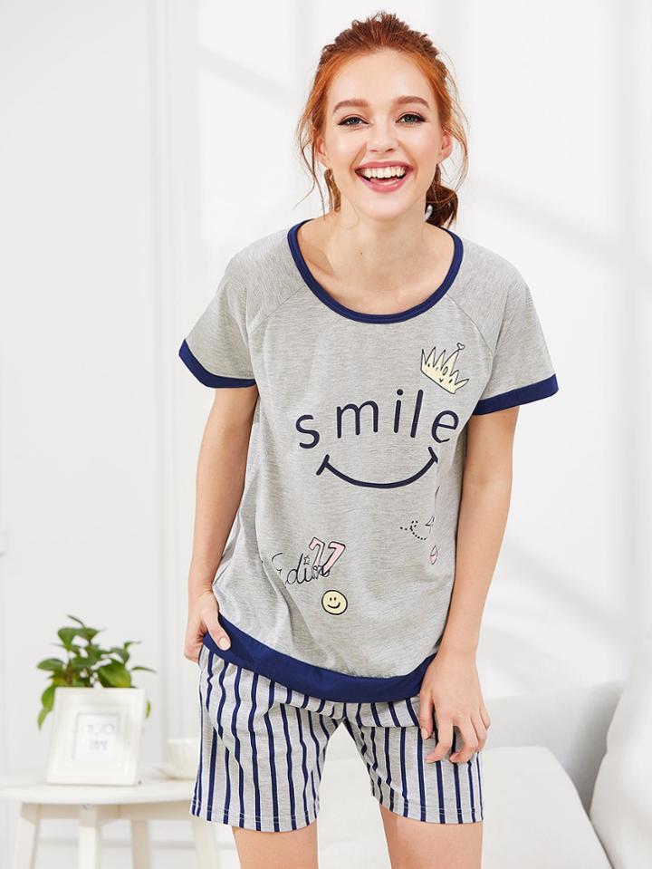 Shein Letter Print Tee & Striped Shorts Pj Set