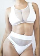 Rosewe Mesh Splicing Round Neck White Swimwear