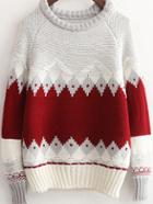 Shein Red White Round Neck Geometric Print Sweater
