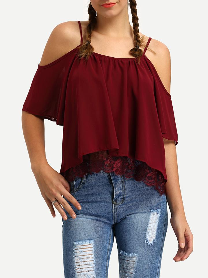 Shein Burgundy Cold Shoulder Lace Insert Chiffon Top