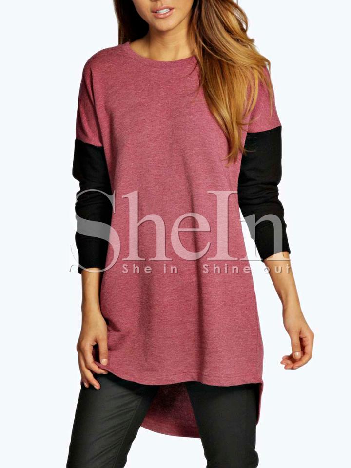 Shein Pink Black Round Neck Color Block T-shirt