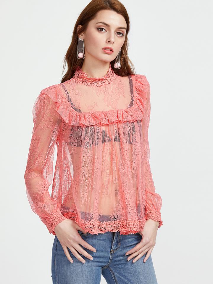 Shein Crochet Trim Ruffle Sheer Floral Lace Top