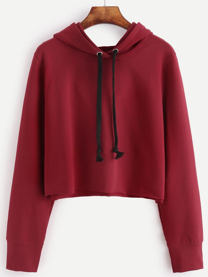 Shein Red Raw Hem Crop Hooded Sweatshirt