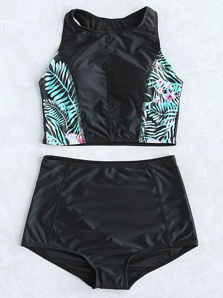 Shein Black Leaf Print High Waist Tankini Set