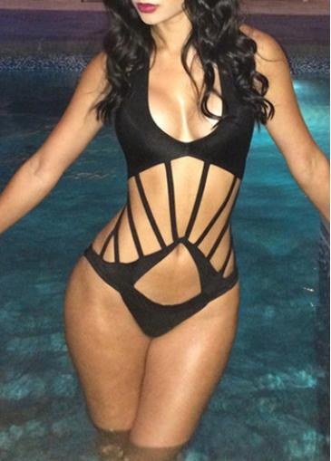 Rosewe Halter Neck Cutout Pattern Black Monokini