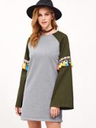 Shein Heather Grey Tassel Trim Contrast Bell Sleeve Tee Dress